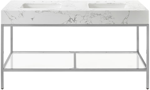 Blaire 60" White Engineered Stone Top, Steel And Glass Base Bathroom Vanity, 1 Piece (Style 3)