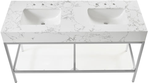 Blaire 60" White Engineered Stone Top, Steel And Glass Base Bathroom Vanity, 1 Piece (Style 3)