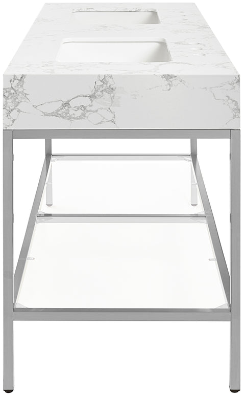 Blaire 60" White Engineered Stone Top, Steel And Glass Base Bathroom Vanity, 1 Piece (Style 3)
