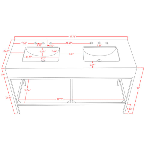 Blaire 60" White Engineered Stone Top, Steel And Glass Base Bathroom Vanity, 1 Piece (Style 3)