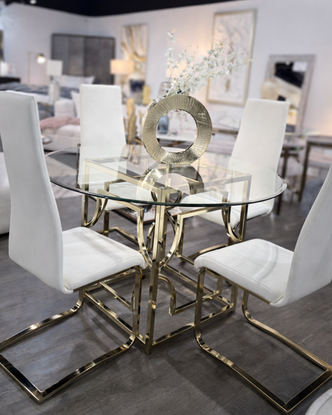 48" Round Glass Dining Set with White Chairs & Gold Base