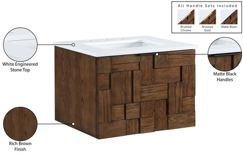 Isolde 24" Brown Engineered Stone And Solid Wood Wall Mounted Bathroom Vanity, 1 Piece