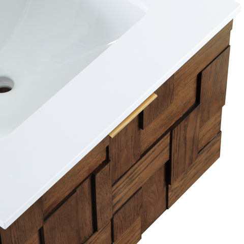 Isolde 24" Brown Engineered Stone And Solid Wood Wall Mounted Bathroom Vanity, 1 Piece