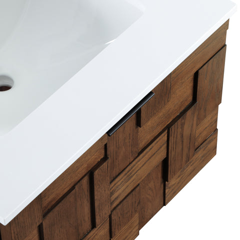 Isolde 24" Brown Engineered Stone And Solid Wood Wall Mounted Bathroom Vanity, 1 Piece