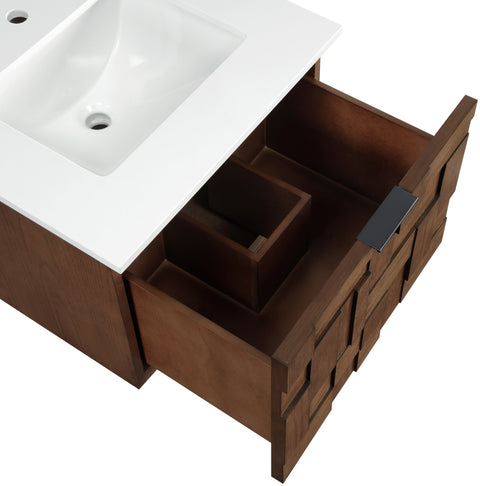 Isolde 24" Brown Engineered Stone And Solid Wood Wall Mounted Bathroom Vanity, 1 Piece