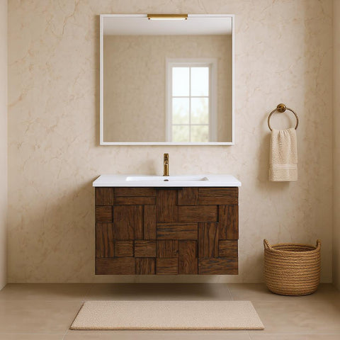 Isolde 24" Brown Engineered Stone And Solid Wood Wall Mounted Bathroom Vanity, 1 Piece
