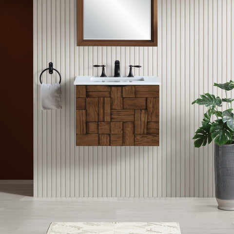 Isolde 24" Brown Engineered Stone And Solid Wood Wall Mounted Bathroom Vanity, 1 Piece