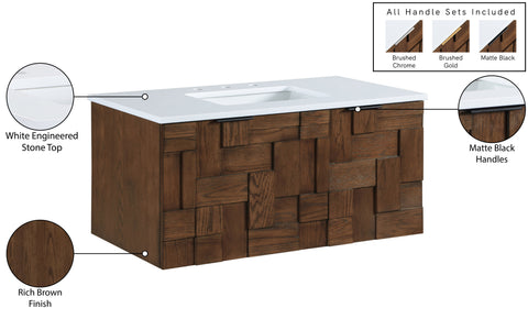 Isolde 36" Brown Engineered Stone And Solid Wood Wall Mounted Bathroom Vanity, 1 Piece