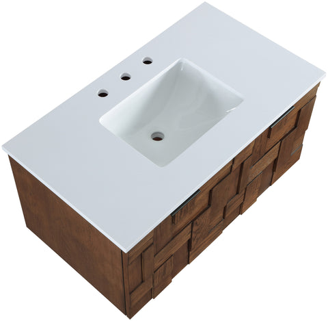 Isolde 36" Brown Engineered Stone And Solid Wood Wall Mounted Bathroom Vanity, 1 Piece