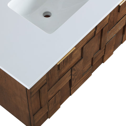 Isolde 36" Brown Engineered Stone And Solid Wood Wall Mounted Bathroom Vanity, 1 Piece