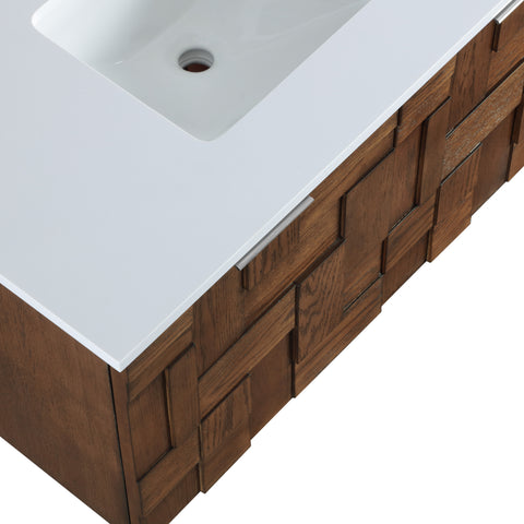 Isolde 36" Brown Engineered Stone And Solid Wood Wall Mounted Bathroom Vanity, 1 Piece