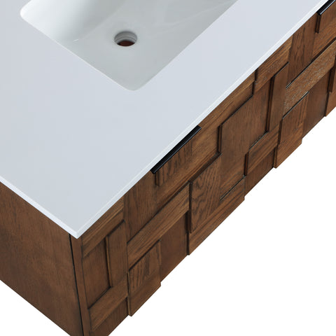 Isolde 36" Brown Engineered Stone And Solid Wood Wall Mounted Bathroom Vanity, 1 Piece