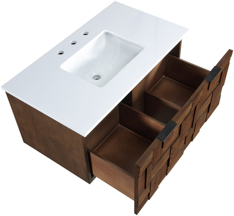 Isolde 36" Brown Engineered Stone And Solid Wood Wall Mounted Bathroom Vanity, 1 Piece