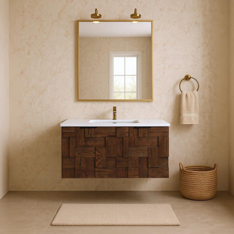 Isolde 36" Brown Engineered Stone And Solid Wood Wall Mounted Bathroom Vanity, 1 Piece