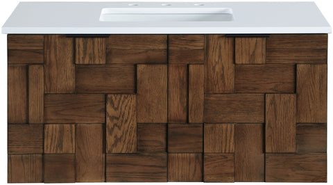 Isolde 36" Brown Engineered Stone And Solid Wood Wall Mounted Bathroom Vanity, 1 Piece