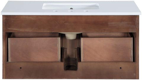 Isolde 36" Brown Engineered Stone And Solid Wood Wall Mounted Bathroom Vanity, 1 Piece