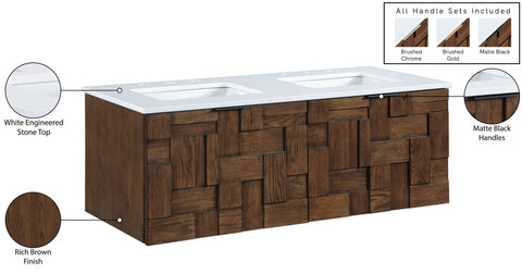 Isolde 48" Brown Engineered Stone And Solid Wood Wall Mounted Bathroom Vanity, 1 Piece