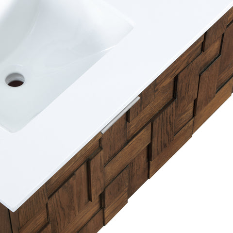Isolde 48" Brown Engineered Stone And Solid Wood Wall Mounted Bathroom Vanity, 1 Piece