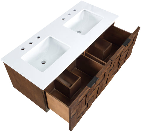 Isolde 48" Brown Engineered Stone And Solid Wood Wall Mounted Bathroom Vanity, 1 Piece
