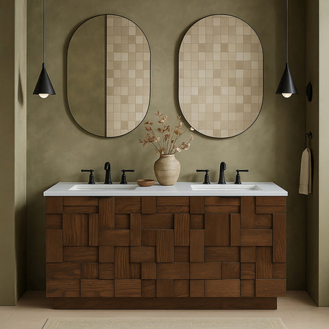 Isolde 48" Brown Engineered Stone And Solid Wood Wall Mounted Bathroom Vanity, 1 Piece