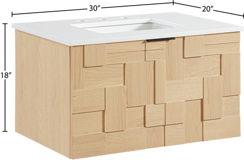 Isolde 30" Natural Engineered Stone And Solid Wood Wall Mounted Bathroom Vanity, 1 Piece