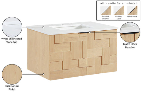Isolde 30" Natural Engineered Stone And Solid Wood Wall Mounted Bathroom Vanity, 1 Piece