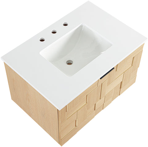 Isolde 30" Natural Engineered Stone And Solid Wood Wall Mounted Bathroom Vanity, 1 Piece