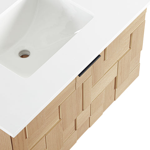 Isolde 30" Natural Engineered Stone And Solid Wood Wall Mounted Bathroom Vanity, 1 Piece