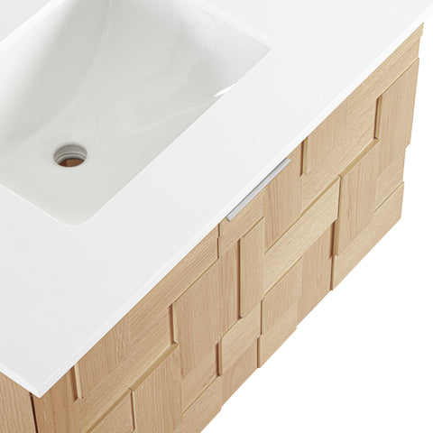 Isolde 30" Natural Engineered Stone And Solid Wood Wall Mounted Bathroom Vanity, 1 Piece