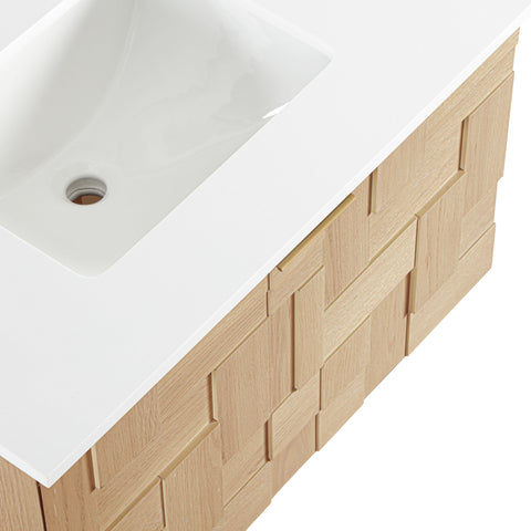 Isolde 30" Natural Engineered Stone And Solid Wood Wall Mounted Bathroom Vanity, 1 Piece