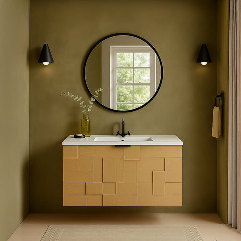Isolde 30" Natural Engineered Stone And Solid Wood Wall Mounted Bathroom Vanity, 1 Piece