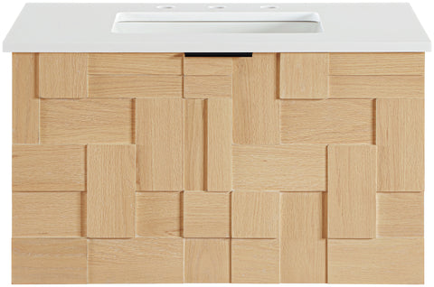 Isolde 30" Natural Engineered Stone And Solid Wood Wall Mounted Bathroom Vanity, 1 Piece