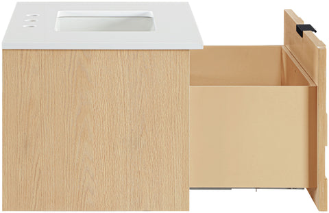 Isolde 30" Natural Engineered Stone And Solid Wood Wall Mounted Bathroom Vanity, 1 Piece