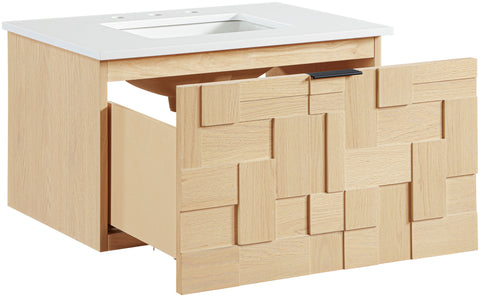 Isolde 30" Natural Engineered Stone And Solid Wood Wall Mounted Bathroom Vanity, 1 Piece