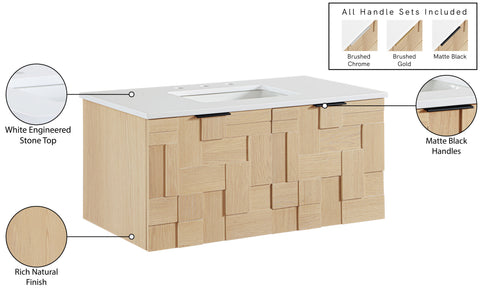 Isolde 36" Natural Engineered Stone And Solid Wood Wall Mounted Bathroom Vanity, 1 Piece