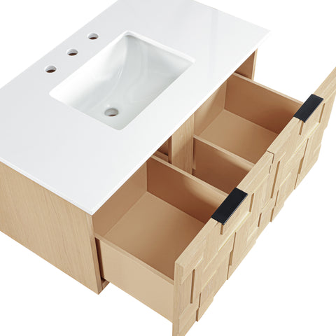 Isolde 36" Natural Engineered Stone And Solid Wood Wall Mounted Bathroom Vanity, 1 Piece