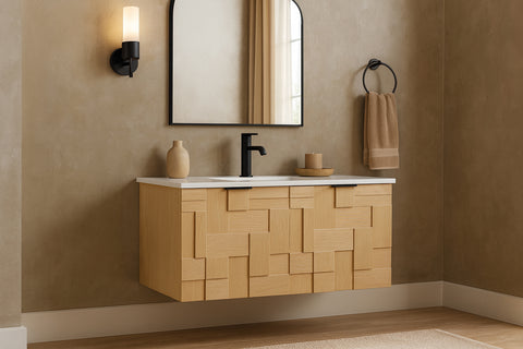 Isolde 36" Natural Engineered Stone And Solid Wood Wall Mounted Bathroom Vanity, 1 Piece