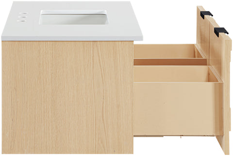 Isolde 36" Natural Engineered Stone And Solid Wood Wall Mounted Bathroom Vanity, 1 Piece