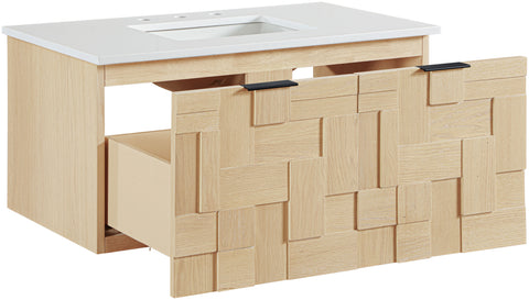 Isolde 36" Natural Engineered Stone And Solid Wood Wall Mounted Bathroom Vanity, 1 Piece