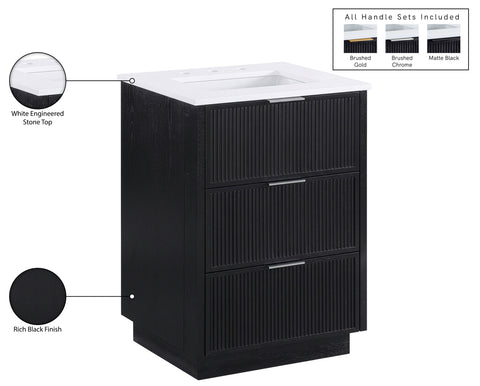 Yara 24" Black Engineered Stone And Solid Wood Bathroom Vanity, 1 Piece