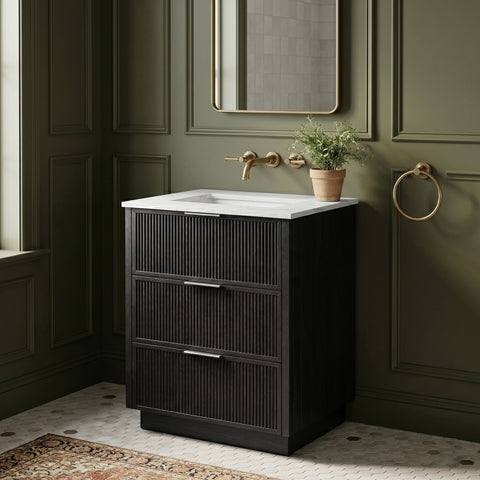 Yara 24" Black Engineered Stone And Solid Wood Bathroom Vanity, 1 Piece
