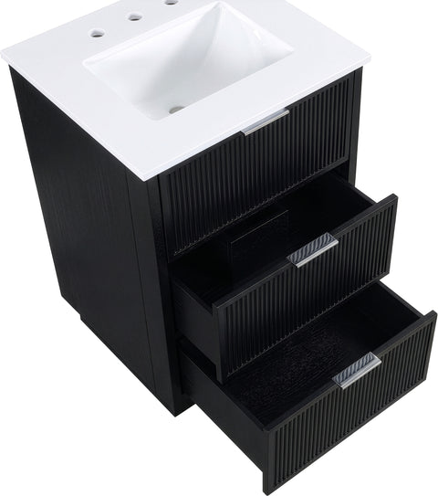 Yara 24" Black Engineered Stone And Solid Wood Bathroom Vanity, 1 Piece