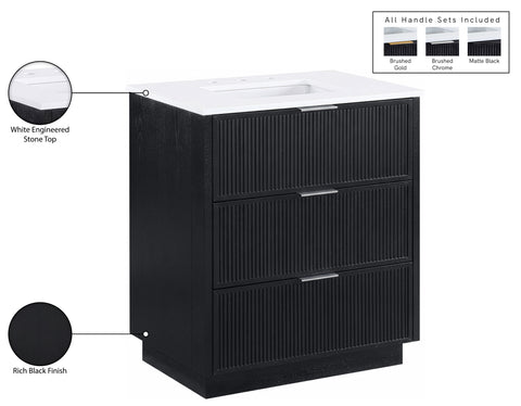 Yara 30" Black Engineered Stone And Solid Wood Bathroom Vanity, 1 Piece