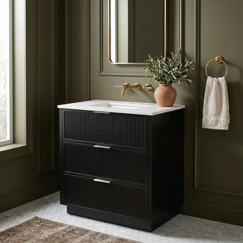 Yara 30" Black Engineered Stone And Solid Wood Bathroom Vanity, 1 Piece