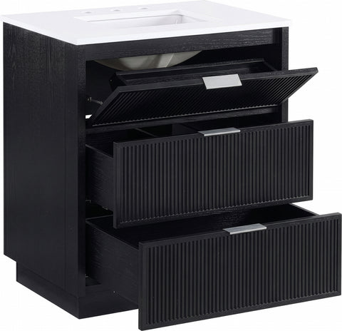 Yara 30" Black Engineered Stone And Solid Wood Bathroom Vanity, 1 Piece
