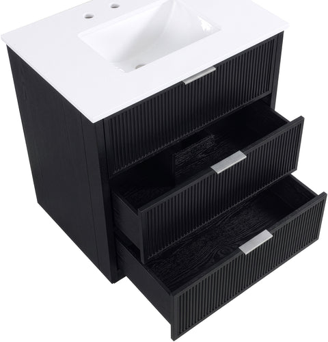 Yara 30" Black Engineered Stone And Solid Wood Bathroom Vanity, 1 Piece
