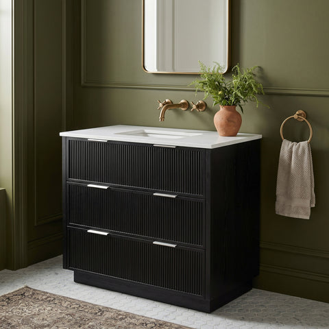 Yara 36" Black Engineered Stone And Solid Wood Bathroom Vanity, 1 Piece