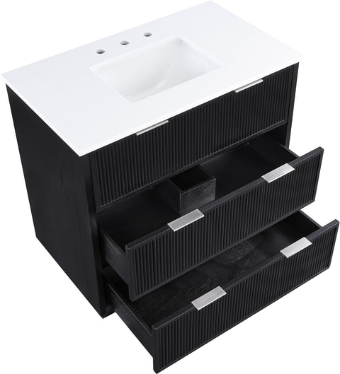 Yara 36" Black Engineered Stone And Solid Wood Bathroom Vanity, 1 Piece