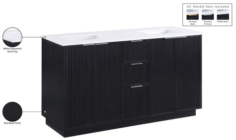 Yara 60" Black Engineered Stone And Solid Wood Bathroom Vanity, 1 Piece