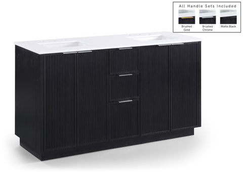 Yara 60" Black Engineered Stone And Solid Wood Bathroom Vanity, 1 Piece